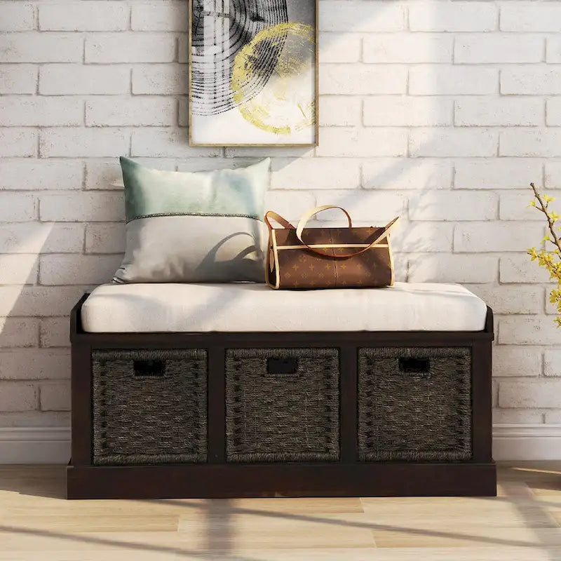 Panca Contenitore Rustica con 3 Cestini Classici in Rattan Rimovibili, Panca da Ingresso con Cuscino Rimovibile