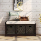 Panca Contenitore Rustica con 3 Cestini Classici in Rattan Rimovibili, Panca da Ingresso con Cuscino Rimovibile