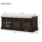 Panca Contenitore Rustica con 3 Cestini Classici in Rattan Rimovibili, Panca da Ingresso con Cuscino Rimovibile
