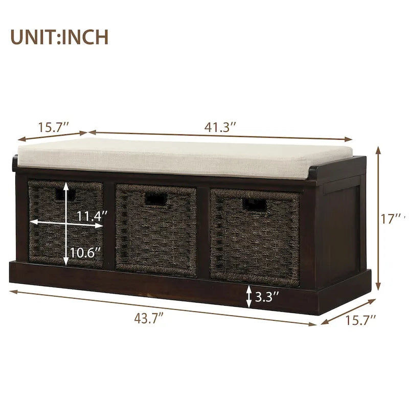 Panca Contenitore Rustica con 3 Cestini Classici in Rattan Rimovibili, Panca da Ingresso con Cuscino Rimovibile