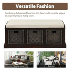Panca Contenitore Rustica con 3 Cestini Classici in Rattan Rimovibili, Panca da Ingresso con Cuscino Rimovibile