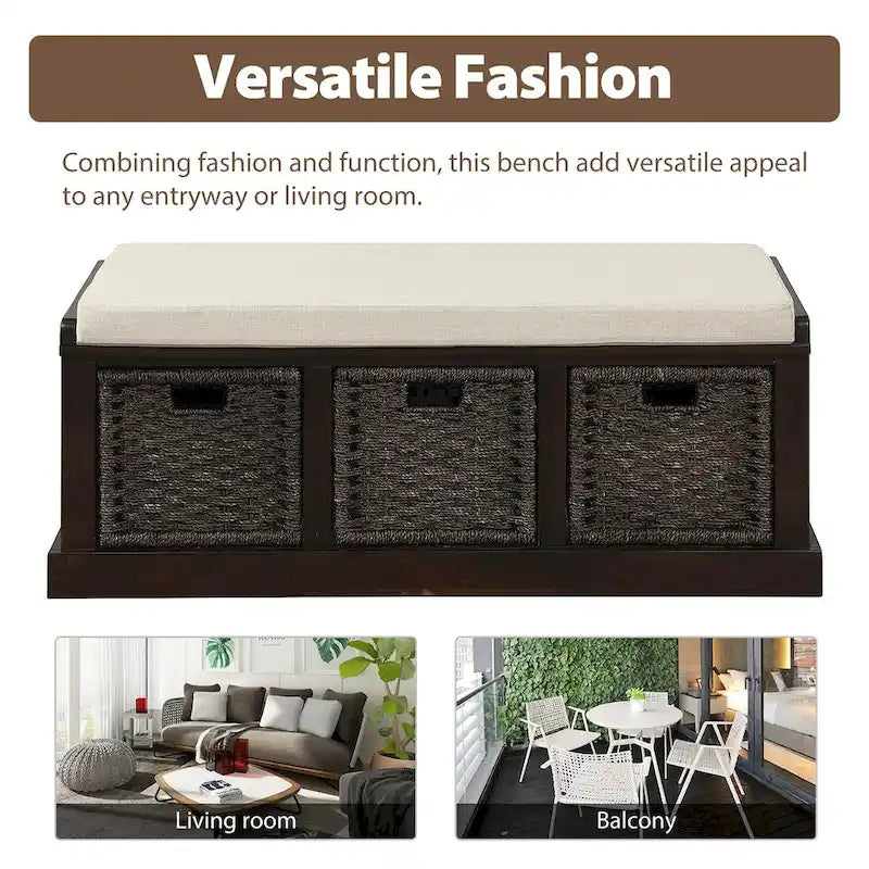 Panca Contenitore Rustica con 3 Cestini Classici in Rattan Rimovibili, Panca da Ingresso con Cuscino Rimovibile