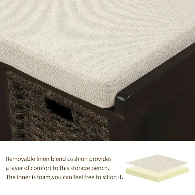 Panca Contenitore Rustica con 3 Cestini Classici in Rattan Rimovibili, Panca da Ingresso con Cuscino Rimovibile