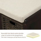 Panca Contenitore Rustica con 3 Cestini Classici in Rattan Rimovibili, Panca da Ingresso con Cuscino Rimovibile
