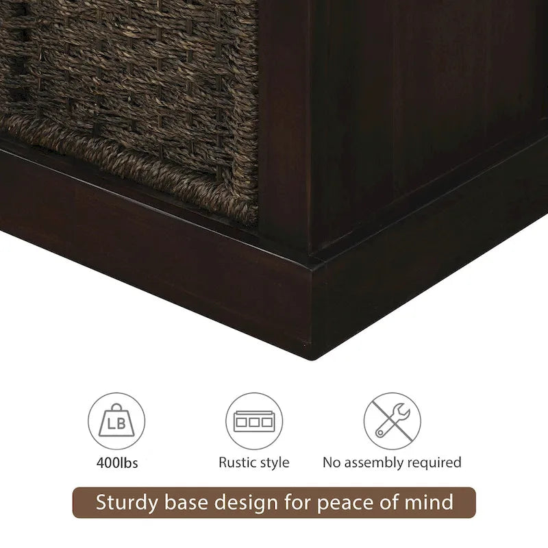 Panca Contenitore Rustica con 3 Cestini Classici in Rattan Rimovibili, Panca da Ingresso con Cuscino Rimovibile