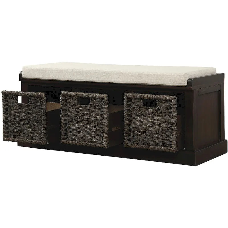 Panca Contenitore Rustica con 3 Cestini Classici in Rattan Rimovibili, Panca da Ingresso con Cuscino Rimovibile