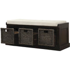 Panca Contenitore Rustica con 3 Cestini Classici in Rattan Rimovibili, Panca da Ingresso con Cuscino Rimovibile