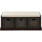 Panca Contenitore Rustica con 3 Cestini Classici in Rattan Rimovibili, Panca da Ingresso con Cuscino Rimovibile