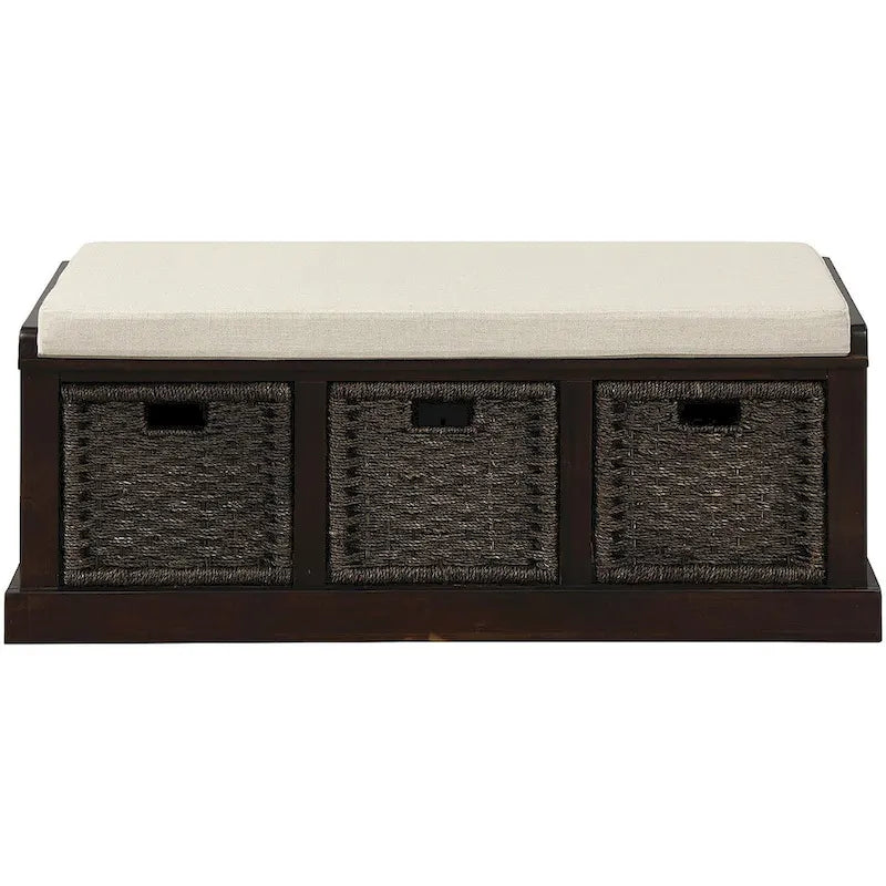 Panca Contenitore Rustica con 3 Cestini Classici in Rattan Rimovibili, Panca da Ingresso con Cuscino Rimovibile