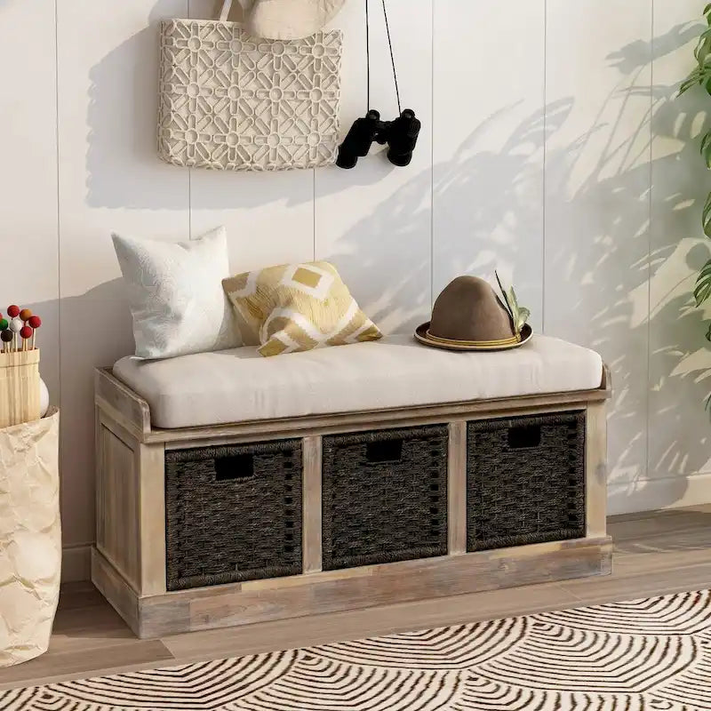 Panca Contenitore Rustica con 3 Cestini Classici in Rattan Rimovibili, Panca da Ingresso con Cuscino Rimovibile