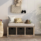 Panca Contenitore Rustica con 3 Cestini Classici in Rattan Rimovibili, Panca da Ingresso con Cuscino Rimovibile