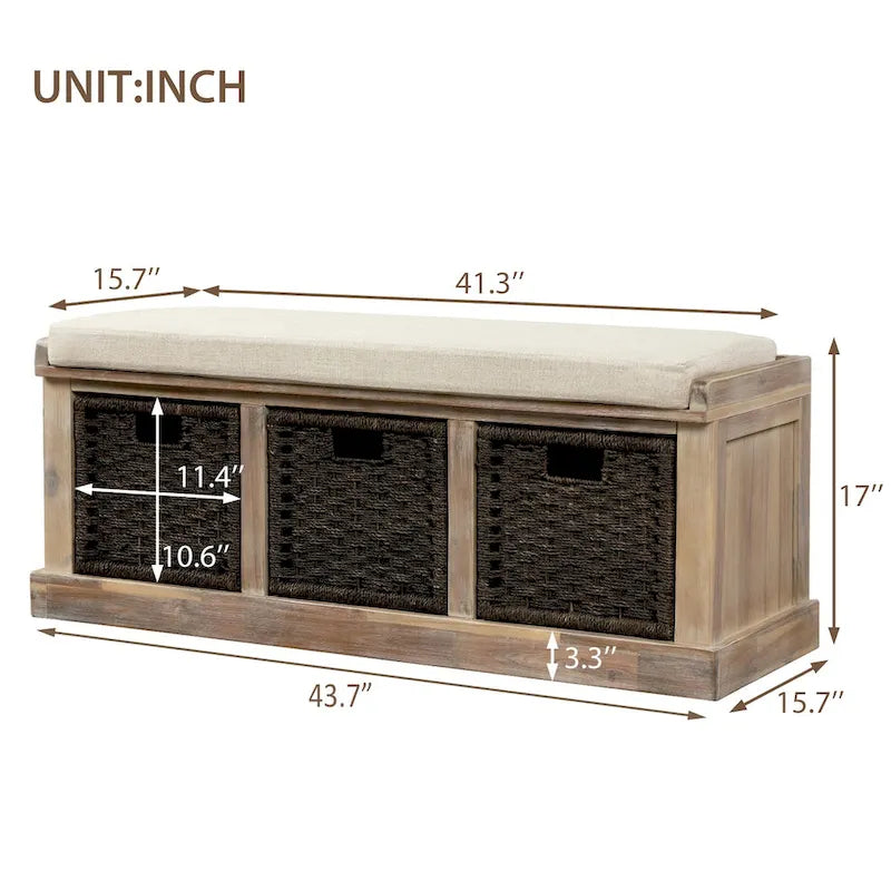 Panca Contenitore Rustica con 3 Cestini Classici in Rattan Rimovibili, Panca da Ingresso con Cuscino Rimovibile