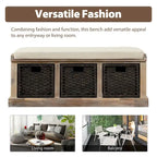 Panca Contenitore Rustica con 3 Cestini Classici in Rattan Rimovibili, Panca da Ingresso con Cuscino Rimovibile