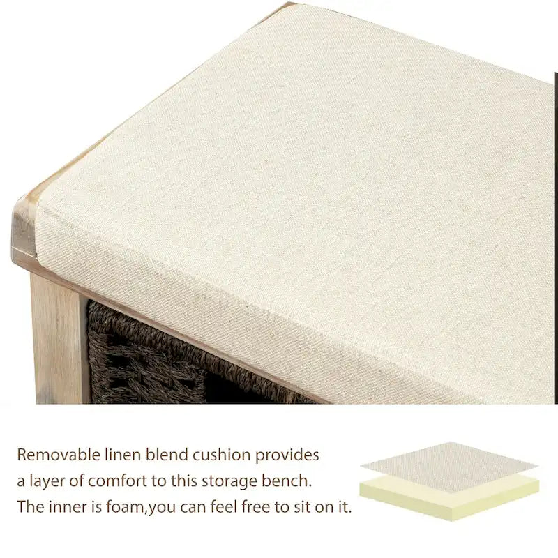 Panca Contenitore Rustica con 3 Cestini Classici in Rattan Rimovibili, Panca da Ingresso con Cuscino Rimovibile