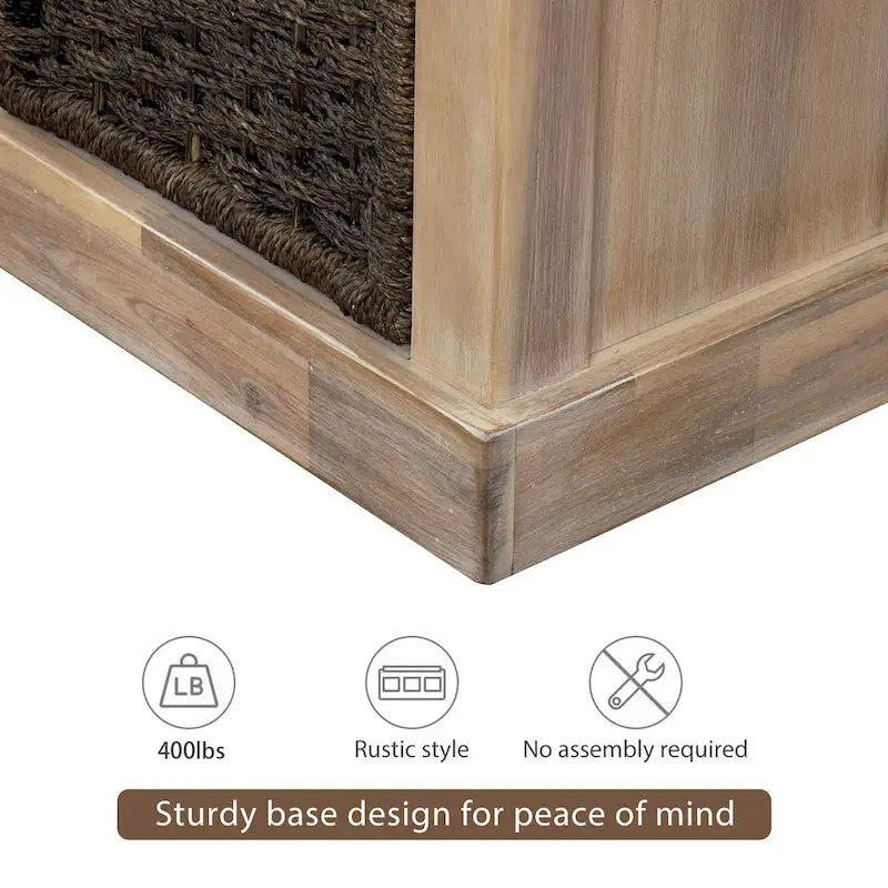 Panca Contenitore Rustica con 3 Cestini Classici in Rattan Rimovibili, Panca da Ingresso con Cuscino Rimovibile