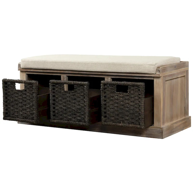 Panca Contenitore Rustica con 3 Cestini Classici in Rattan Rimovibili, Panca da Ingresso con Cuscino Rimovibile