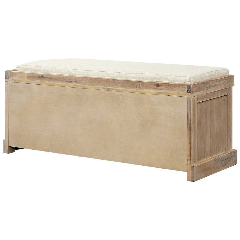 Panca Contenitore Rustica con 3 Cestini Classici in Rattan Rimovibili, Panca da Ingresso con Cuscino Rimovibile