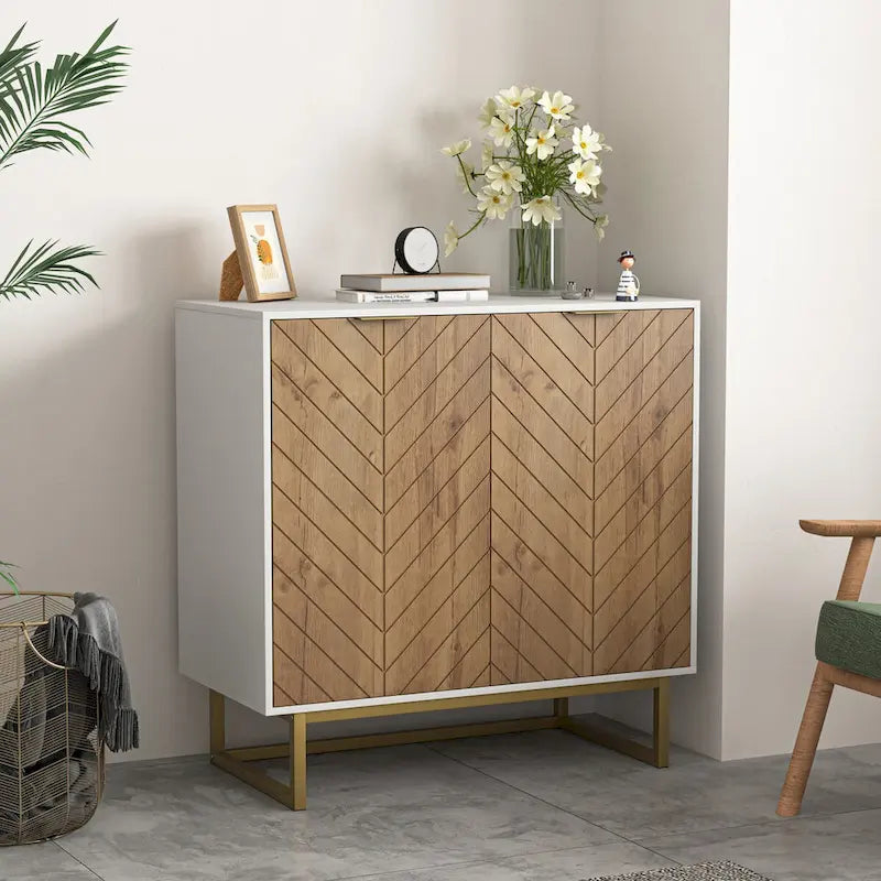 Credenza bianca e oro con 2 ante, mobile contenitore moderno, mobile da cucina a buffet con buffet per il soggiorno