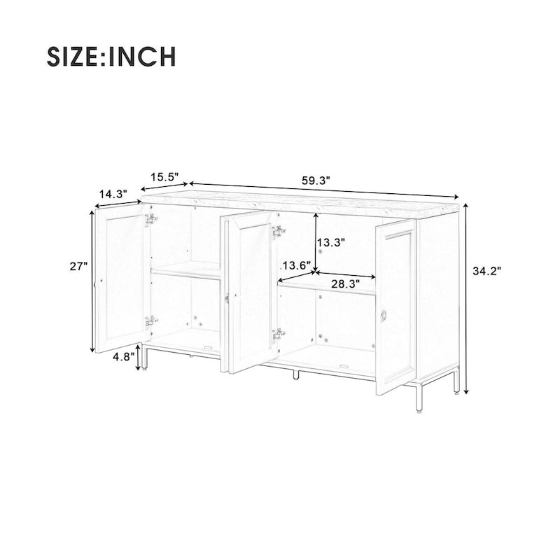 Credenza con spazio contenitivo extra large con maniglie e gambe di supporto in metallo per soggiorno e sala da pranzo