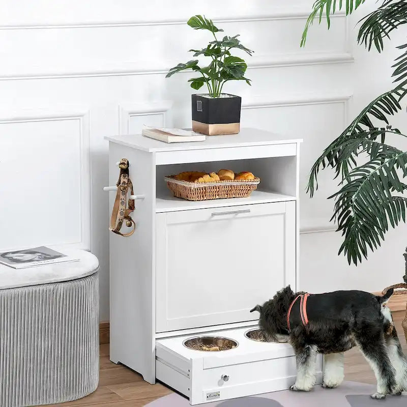 Mobile Contenitore Dispenser Cibo per Animali Domestici, Contenitore per Cibo per Cani con Ciotole Rialzate e Gancio per Articoli per la Pappa e l'Acqua