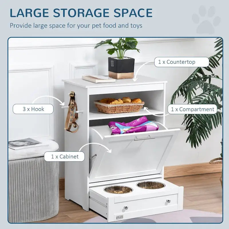 Mobile Contenitore Dispenser Cibo per Animali Domestici, Contenitore per Cibo per Cani con Ciotole Rialzate e Gancio per Articoli per la Pappa e l'Acqua