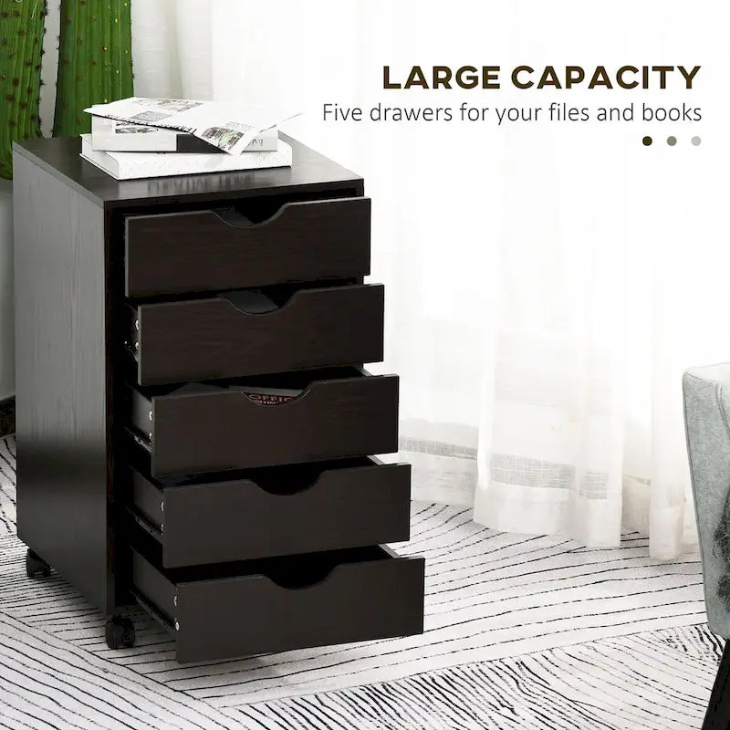 Classificatore a 5 cassetti, mobiletto archivio con rotelle e stile minimalista nordico moderno, marrone