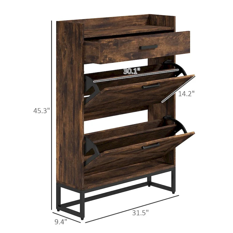 Scarpiera stretta con 2 ante a ribalta e cassetto superiore, Marrone