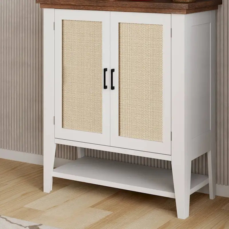 Mobiletto contenitore in rattan con ripiani e ante - Non disponibile