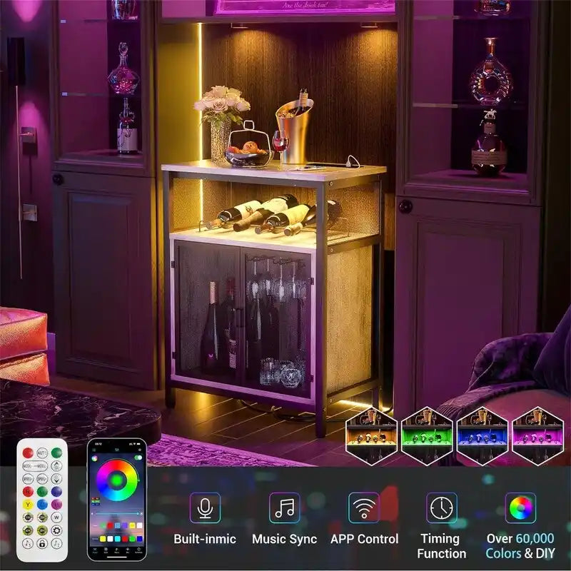 Mobile Bar per Vini con Luce RGB e Presa - 23.6D x 13.6W x 31H