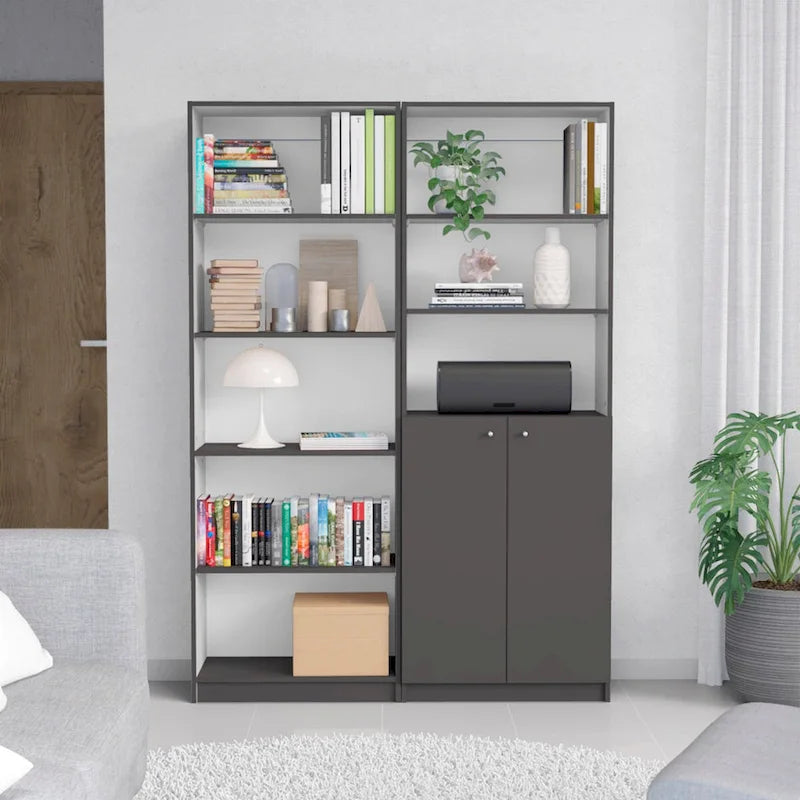  Tall 5-Shelf and Cabinet Bookcase Set of 2 - N/A