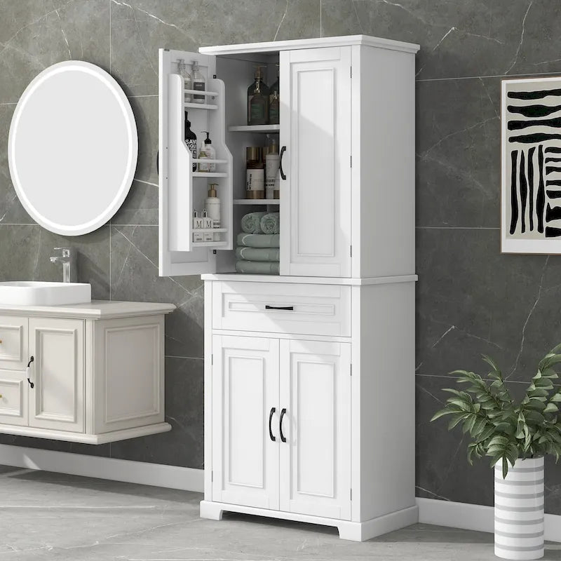Mobiletto da bagno con ante e cassetto, molteplici spazi, ripiano regolabile