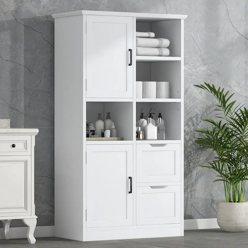 Mobiletto da Bagno con Ante e Cassetti, Spazio Contenitivo Multiplo, Stile Autoportante, Ripiano Aperto, Ripiano Regolabile, Bianco