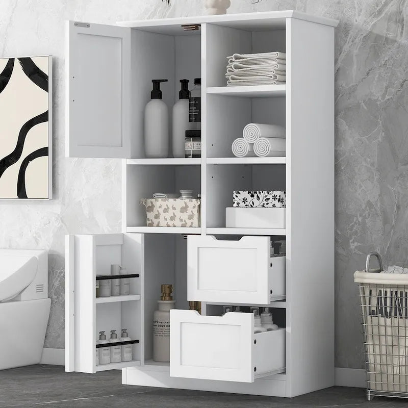 Mobiletto da Bagno con Ante e Cassetti, Spazio Contenitivo Multiplo, Stile Autoportante, Ripiano Aperto, Ripiano Regolabile, Bianco