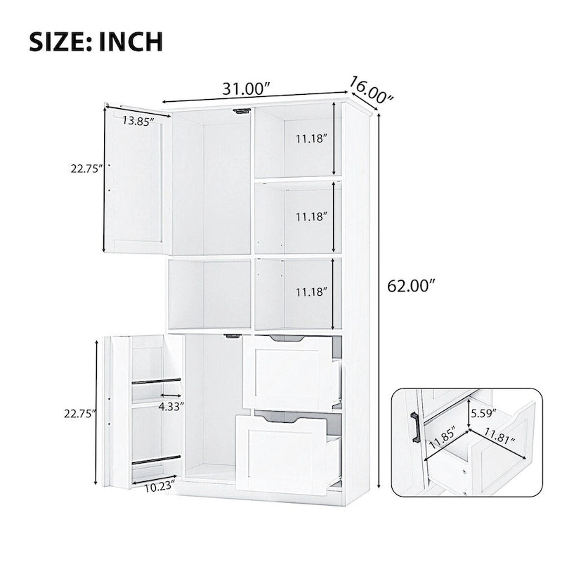 Mobiletto da Bagno con Ante e Cassetti, Spazio Contenitivo Multiplo, Stile Autoportante, Ripiano Aperto, Ripiano Regolabile, Bianco
