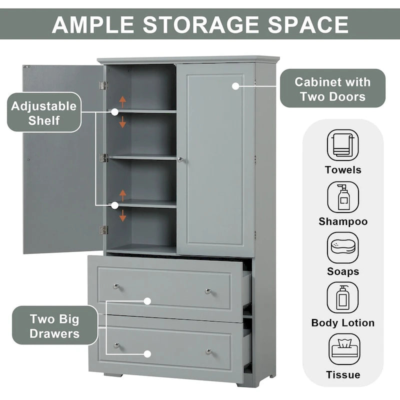 Mobiletto multiuso per bagno, mobiletto indipendente con due cassetti e ripiano regolabile, in MDF con finitura verniciata