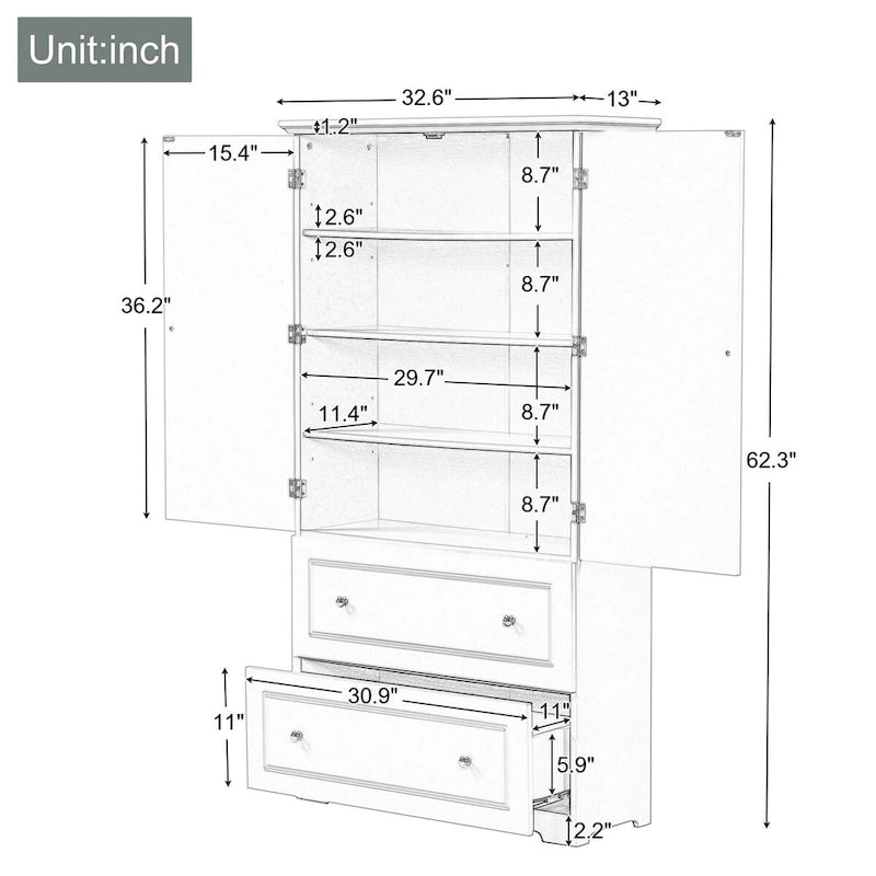 Mobiletto multiuso per bagno, mobiletto indipendente con due cassetti e ripiano regolabile, in MDF con finitura verniciata
