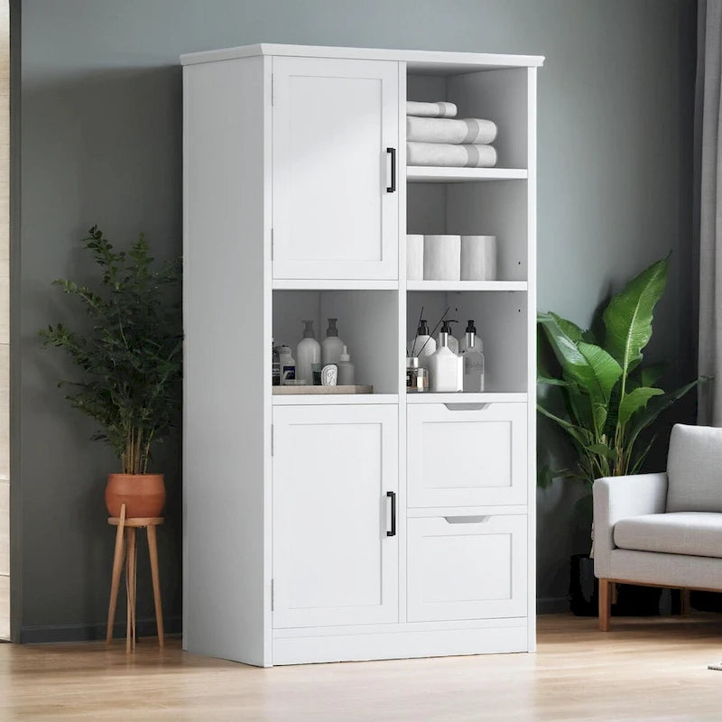 Mobiletto da bagno con ante e cassetti, multi-spazio, autoportante, ripiani aperti, ripiano regolabile, bianco
