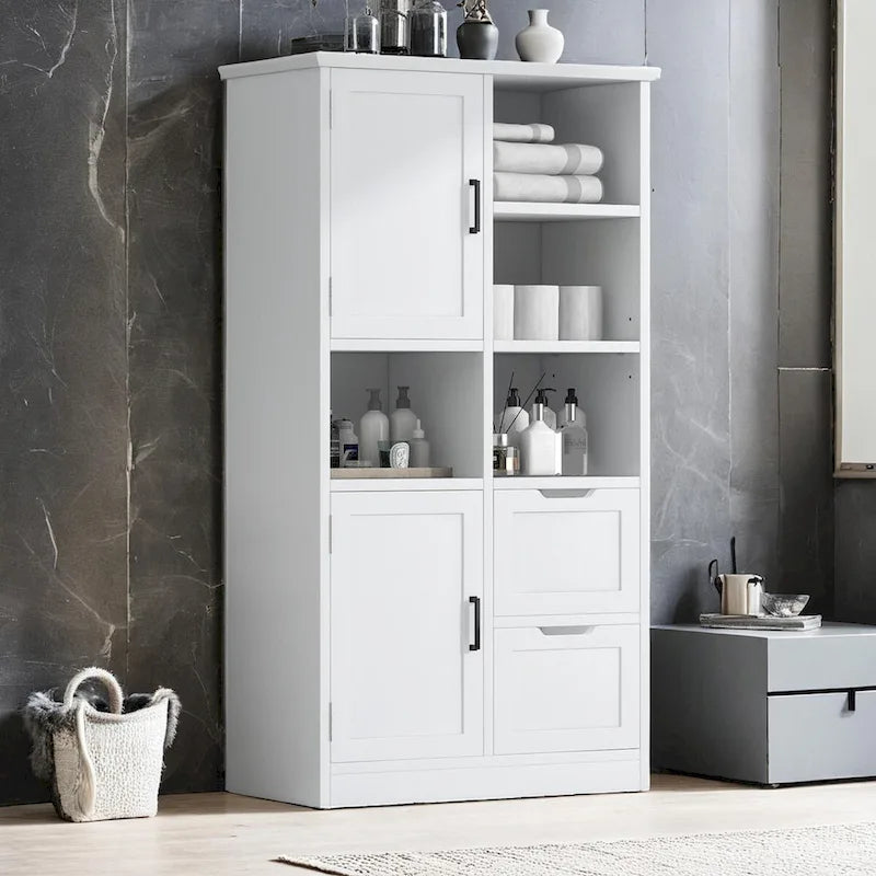 Mobiletto da bagno con ante e cassetti, multi-spazio, autoportante, ripiani aperti, ripiano regolabile, bianco