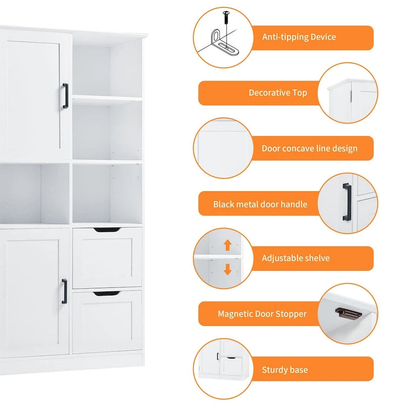Mobiletto da bagno con ante e cassetti, multi-spazio, autoportante, ripiani aperti, ripiano regolabile, bianco